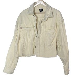 Urban Outfitters BDG Coruduroy Cropped Boxy Jacket Size L Ivory Frayed Hem BOHO
